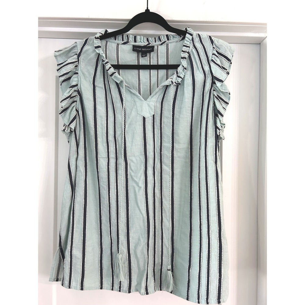 Lane Bryant Womens 14 Mint Green Navy Striped Ruffle Sleeve Tassel Cotton Blouse
